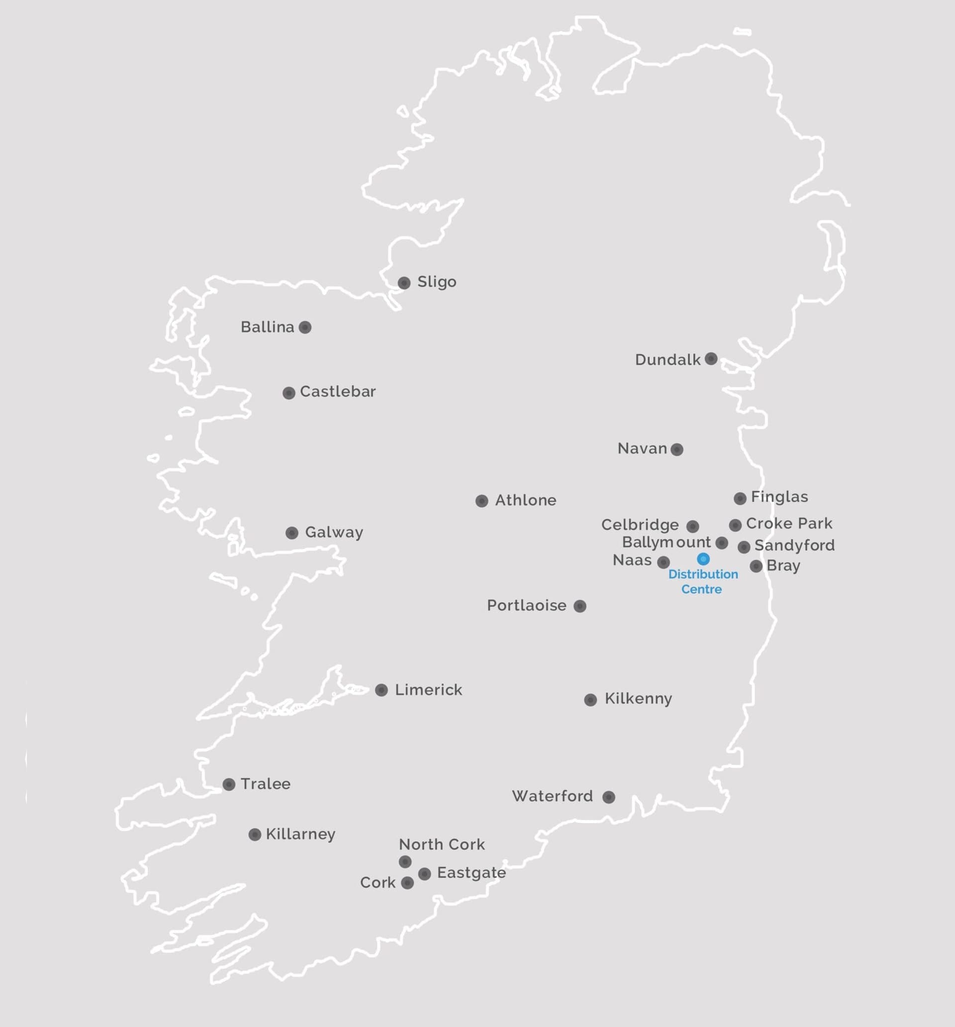 Map of Ireland — branches listed on the left